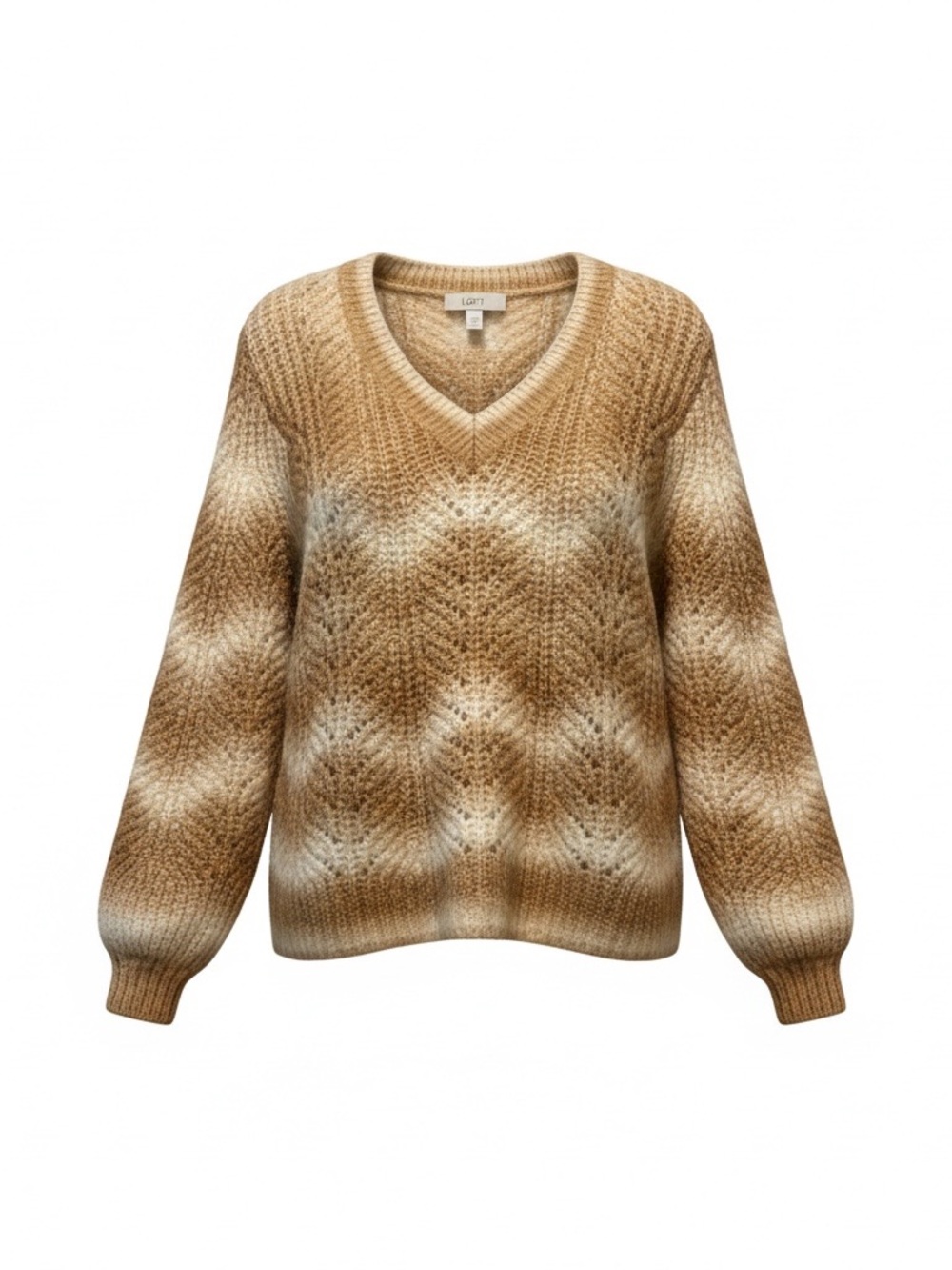 LOFT V-Neck Ombre Cable Knit Sweater in Tan and Cream
